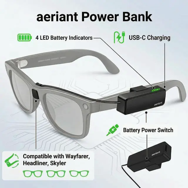Alt view image 4 of 6 - On-the-Go Battery Pack Charger for Ray Ban Meta AI Smart Glasses | Fast Charging, 12.5g Ultra-Light Wearable Battery Extender for RayBan Meta Gen 2, RayBan Meta Gen 1, Wayfarer, Skyler