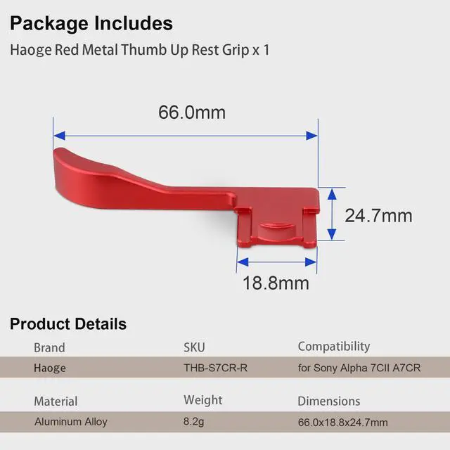 Alt view image 6 of 6 - Thumb Hand Grip for Sony 7Cii A7CR Camera Accessories Red Metal Hot Shoe Thumb Up Rest Hand Grip THB-S7CR-R
