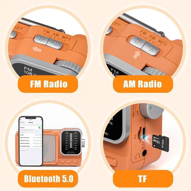 Alt view image 5 of 6 - Portable Radio AM FM with Best Reception, Bluetooth Transistor Radio | Emergency Radio with Knob Control, Headphone Jack and LED Light, AC Power or Battery Operated, for Home Kitchen Outdoor