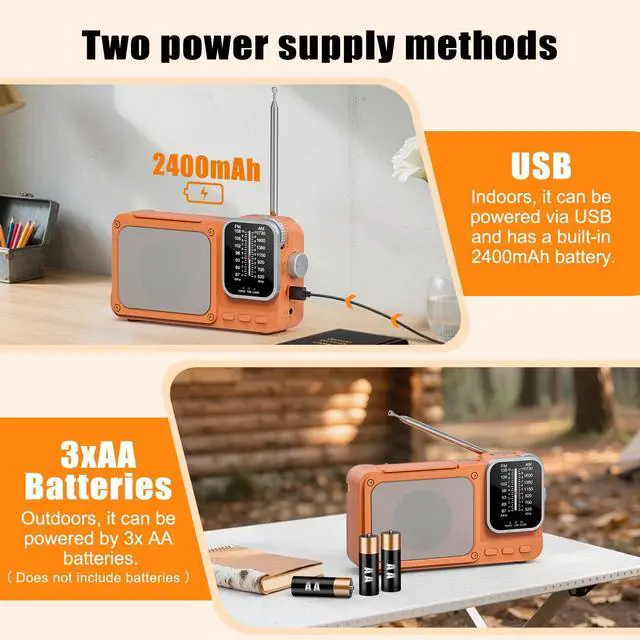 Alt view image 6 of 6 - Portable Radio AM FM with Best Reception, Bluetooth Transistor Radio | Emergency Radio with Knob Control, Headphone Jack and LED Light, AC Power or Battery Operated, for Home Kitchen Outdoor