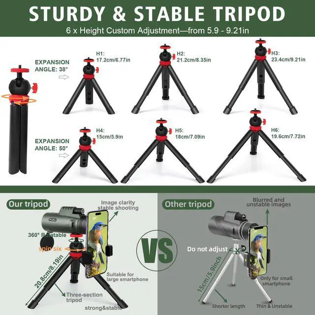 Alt view image 3 of 6 - 40X60 Monocular Telescope with Smartphone Holder & Upgraded Tripod, 2025 BAK4 Prism FMC Monoculars for Adults, HD Monocular Scope for Bird Watching Hiking Concert Camping Travelling