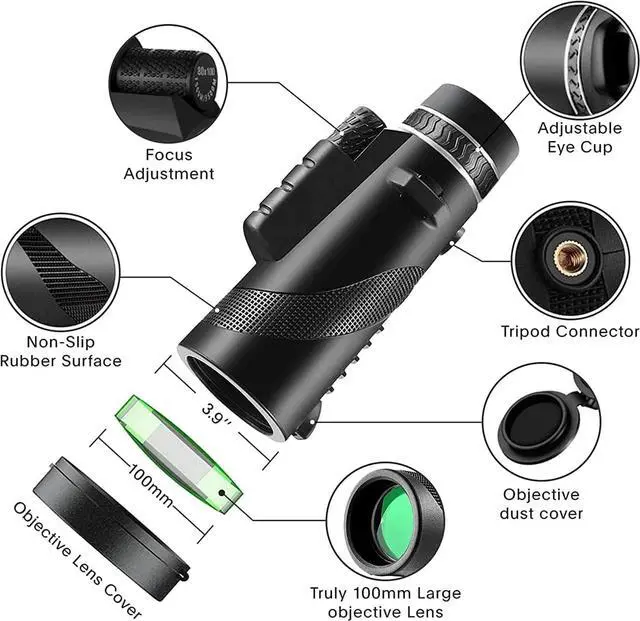Alt view image 2 of 6 - Monocular Telescope with Smartphone Adapter, HD BAK-4 Prism, Handheld Monoculars for Adults Bird Watching Hunting Hiking, Black