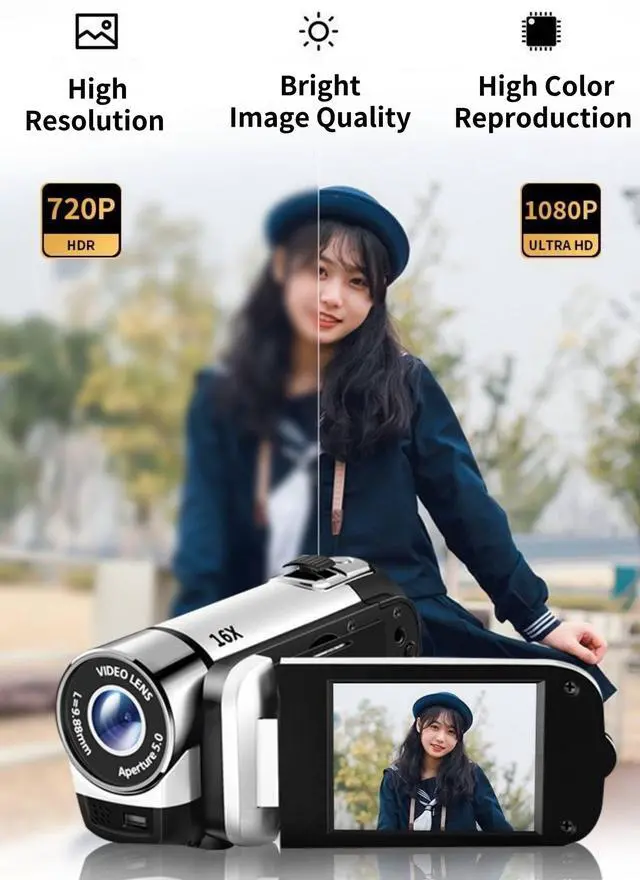 Alt view image 3 of 6 - 16MP Digital Camera 1080P HD Video Camcorder with 2.4 Inch Rotatable Screen, 16X Zoom Fill Light, Selfie Camcorder for Vlogging, Recording