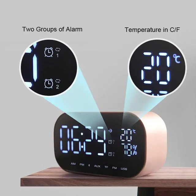 Alt view image 4 of 6 - Digital Radio Alarm Clock,Wirless Bluetooth Speaker Clock USB Charging AUX TF Card Play for Desktop(Rose Gold)
