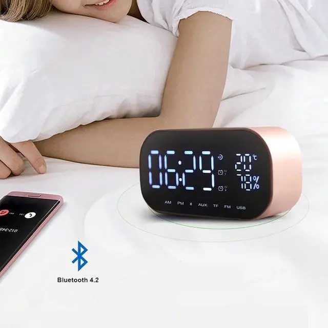 Alt view image 5 of 6 - Digital Radio Alarm Clock,Wirless Bluetooth Speaker Clock USB Charging AUX TF Card Play for Desktop(Rose Gold)
