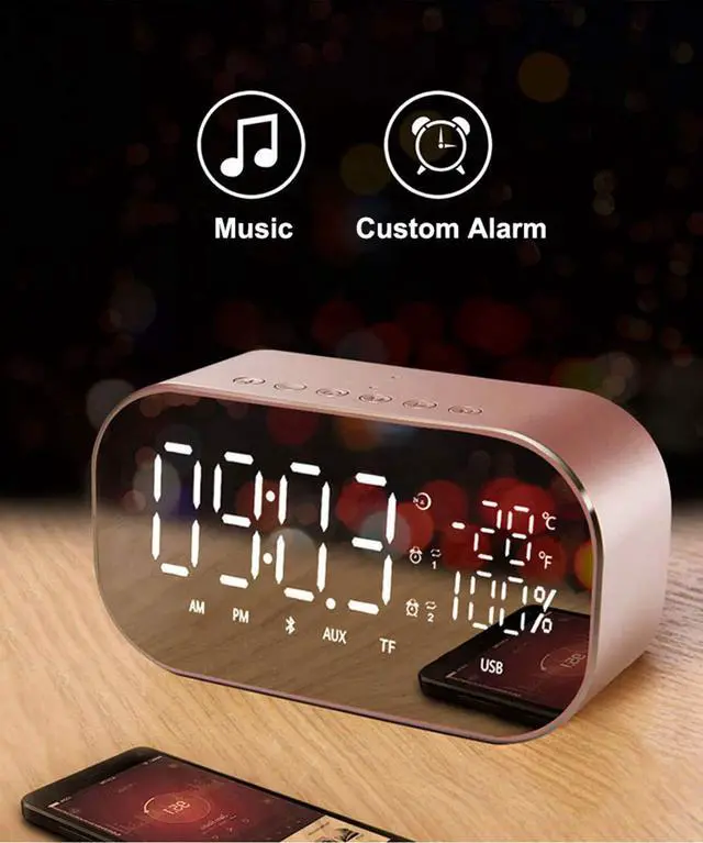 Alt view image 6 of 6 - Digital Radio Alarm Clock,Wirless Bluetooth Speaker Clock USB Charging AUX TF Card Play for Desktop(Rose Gold)