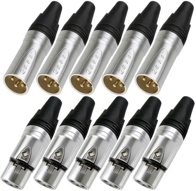 Main image of Geisler XLR 3 Pin Male XLR 3 Pin Female Plug Gold-Plated Copper Contacts Fine Silver Nickel Metal Housing with Muficolored Rubber Ring (Silver-housing Black-Mark 5 Male & 5 Female) 10 Pack