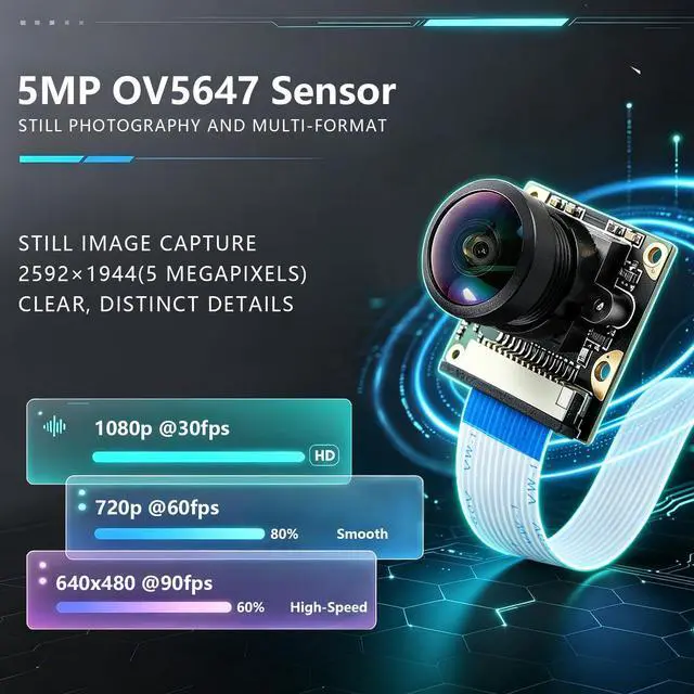 Alt view image 5 of 6 - 5MP OV5647 Sensor for Raspberry Pi Camera Module 1080P Video Webcam Ultra Wide Angle 160°FOV Adjustable Focus Compatible with Raspberry Pi 5 / 4B / 3B+ / 3B / Zero