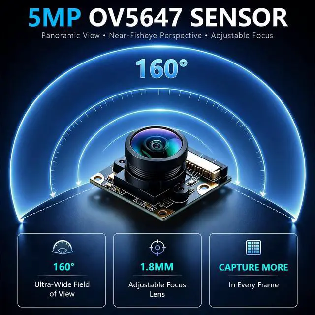 Alt view image 6 of 6 - 5MP OV5647 Sensor for Raspberry Pi Camera Module 1080P Video Webcam Ultra Wide Angle 160°FOV Adjustable Focus Compatible with Raspberry Pi 5 / 4B / 3B+ / 3B / Zero