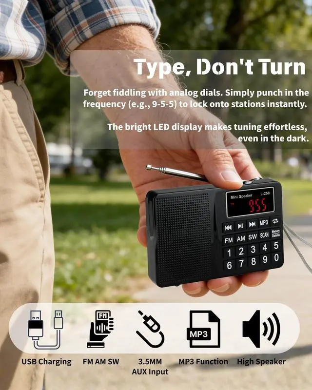 Alt view image 2 of 6 - Portable AM FM SW Digital Pocket Radio & MP3 Music Player, Rechargeable Battery Powered Speaker with Keypad Tuning, Support USB Drive/TF Card, Earphone Jack, Great Reception for Seniors, Walking