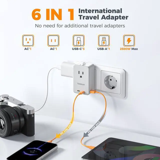Alt view image 2 of 6 - Travel Adapter PD 20W, Universal Power Adapter with 3 USB C 1 USB A | Ultra Thin International Plug Adaptor, Worldwide Outlet for US to European UK Italy Spain Australia, Type C G A I, 1 Pack