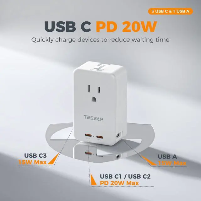 Alt view image 3 of 6 - Travel Adapter PD 20W, Universal Power Adapter with 3 USB C 1 USB A | Ultra Thin International Plug Adaptor, Worldwide Outlet for US to European UK Italy Spain Australia, Type C G A I, 1 Pack