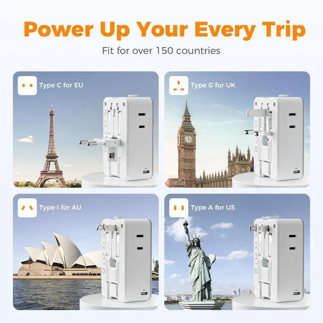 Alt view image 4 of 6 - Travel Adapter PD 20W, Universal Power Adapter with 3 USB C 1 USB A | Ultra Thin International Plug Adaptor, Worldwide Outlet for US to European UK Italy Spain Australia, Type C G A I, 1 Pack