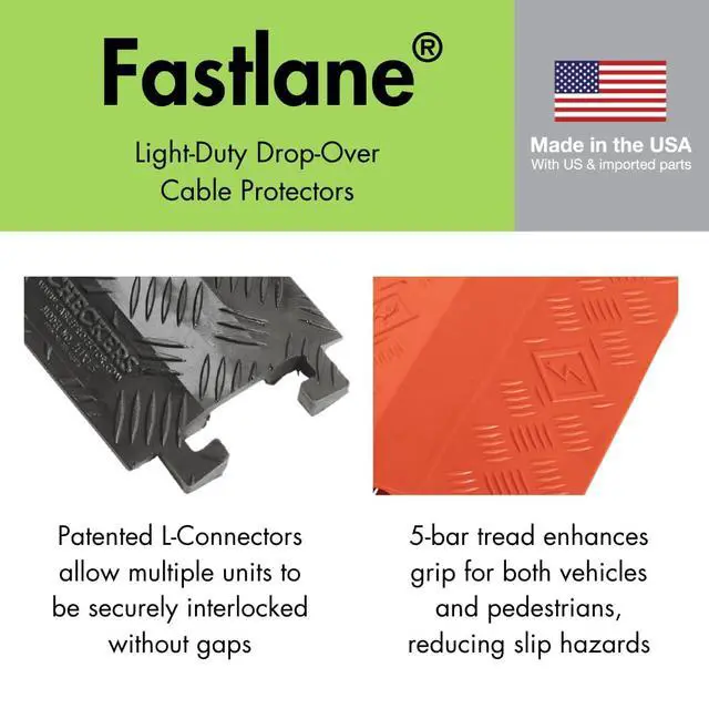 Alt view image 2 of 6 - 1 Channel 3' Long Light Duty Drive Over Cable Protector for Multiple 0.5" Lines - Floor Cable Cover for Walkways and Driveways - Made in the USA from Durable Polyurethane - Orange - FL1X1.5-O