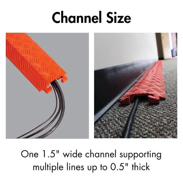 Alt view image 6 of 6 - 1 Channel 3' Long Light Duty Drive Over Cable Protector for Multiple 0.5" Lines - Floor Cable Cover for Walkways and Driveways - Made in the USA from Durable Polyurethane - Orange - FL1X1.5-O