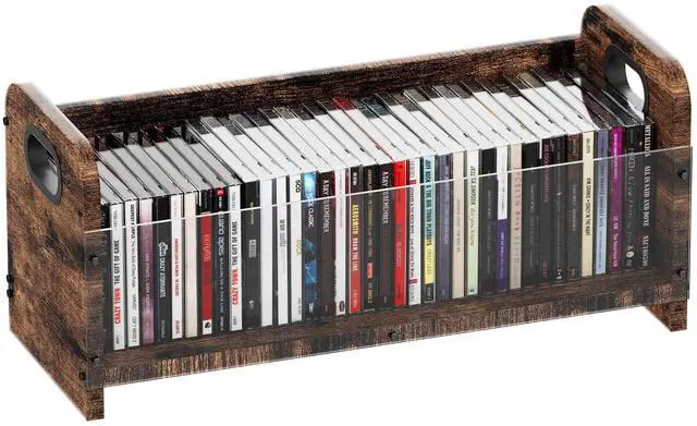 Main image of Single Slim CD/DVD Storage Organizer with Handles, Holds up to 38 CDs, Acrylic Display Case & Solid Wood Frame for Space-Saving, Shelf, Living Room, Office
