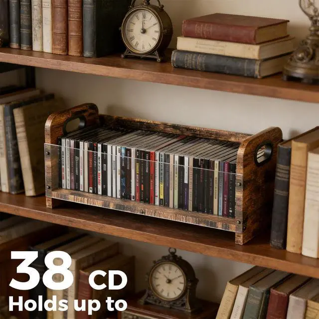 Alt view image 2 of 6 - Single Slim CD/DVD Storage Organizer with Handles, Holds up to 38 CDs, Acrylic Display Case & Solid Wood Frame for Space-Saving, Shelf, Living Room, Office