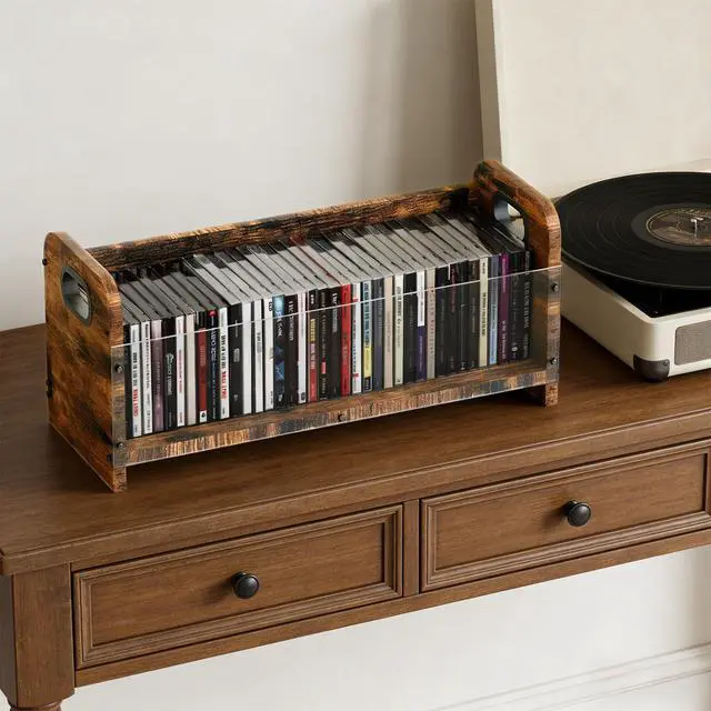 Alt view image 5 of 6 - Single Slim CD/DVD Storage Organizer with Handles, Holds up to 38 CDs, Acrylic Display Case & Solid Wood Frame for Space-Saving, Shelf, Living Room, Office
