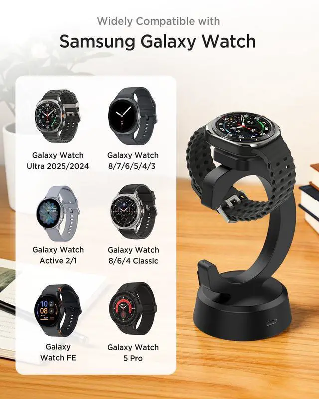 Alt view image 2 of 6 - Charger Stand for Galaxy Watch 8/8 Classic/7/Ultra/6/6 Classic/5/5 Pro/4/4 Classic/3/Active 2/Active/FE, C-Shaped Magnetic Charger Dock USB C to USB A Replacement Quick Charging Cable, Black