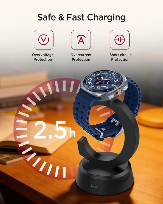 Alt view image 3 of 6 - Charger Stand for Galaxy Watch 8/8 Classic/7/Ultra/6/6 Classic/5/5 Pro/4/4 Classic/3/Active 2/Active/FE, C-Shaped Magnetic Charger Dock USB C to USB A Replacement Quick Charging Cable, Black
