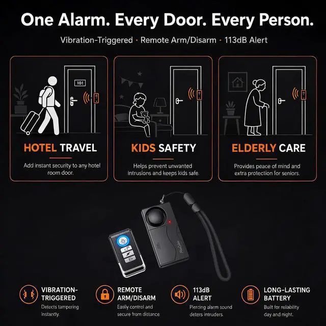 Alt view image 3 of 6 - 113dB Door Handle Alarm, with Remote Control | 200ft Remote Control, Easy Installation No Drilling, Security Alarm for Home, Apartment, Renters, Kids & Elderly Safety