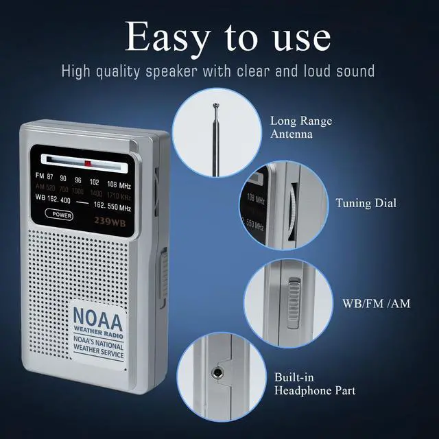 Alt view image 4 of 6 - NOAA Weather Radio Portable Radio, Best Reception, AM FM Transistor Radio for Mowing, Jogging, Cycling, Gardening, Powered by 2 AA Battery