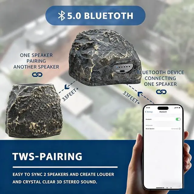 Alt view image 2 of 6 - Rock Speaker with Bluetooth,Outdoor Bluetooth Speakers, Outdoor Speaker Waterproof Rechargeable, Wireless Stereo Pair, USB Charging, All-Weather Garden Patio Speakers BBQ Deck Raw Stone K055shape