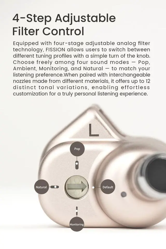 Alt view image 4 of 6 - Fission in Ear HiFi Earphones 1DD IEM, 4-Level Adjustable Filter | Audiophile In-Ear Monitors with 3 Tuning Nozzles, 12 Customizable Sounds, CNC Alloy Shell, Custom Tuning via App, 2 pin