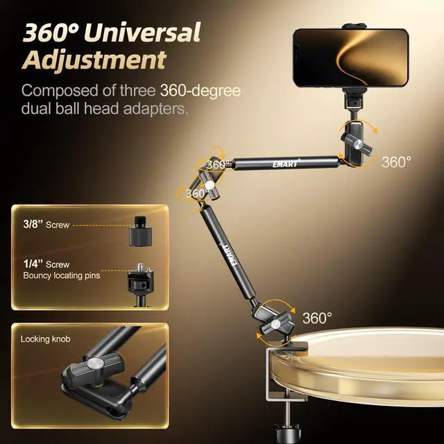Alt view image 2 of 6 - 21" Magic Arm Clamp Kit,Overhead Camera Mount with C Clamp 1/4" Screw | Articulating Desktop Boom Arm with 1/4"&3/8" Screws, Articulating Boom Arm for Webcam Monitors Mics Streaming Recording Video