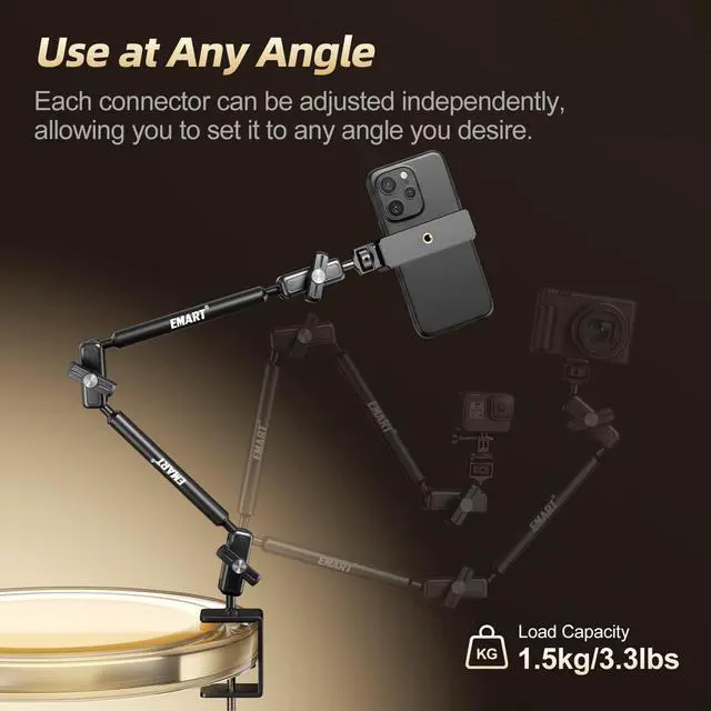 Alt view image 3 of 6 - 21" Magic Arm Clamp Kit,Overhead Camera Mount with C Clamp 1/4" Screw | Articulating Desktop Boom Arm with 1/4"&3/8" Screws, Articulating Boom Arm for Webcam Monitors Mics Streaming Recording Video