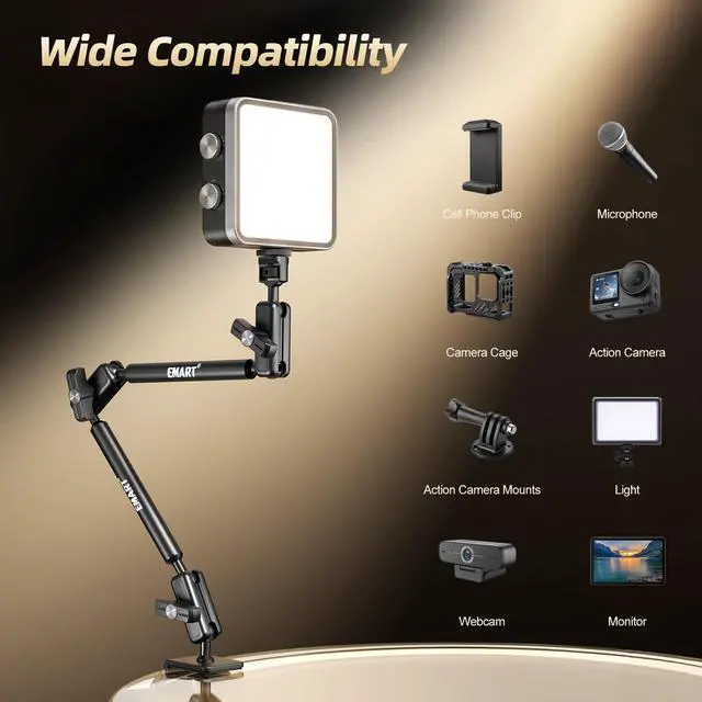 Alt view image 6 of 6 - 21" Magic Arm Clamp Kit,Overhead Camera Mount with C Clamp 1/4" Screw | Articulating Desktop Boom Arm with 1/4"&3/8" Screws, Articulating Boom Arm for Webcam Monitors Mics Streaming Recording Video