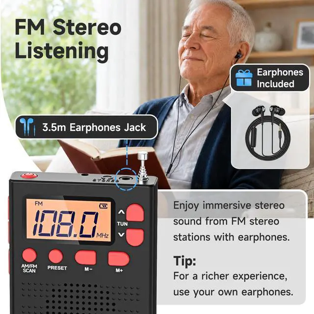 Alt view image 6 of 6 - J-125 Pocket AM FM Radio Portable Mini Radio with Stereo Earphone | Battery Operated Radio by 2 AAA, Manual Preset, Lock Key, Walk man Radios Digital Radio for Hiking, Travel