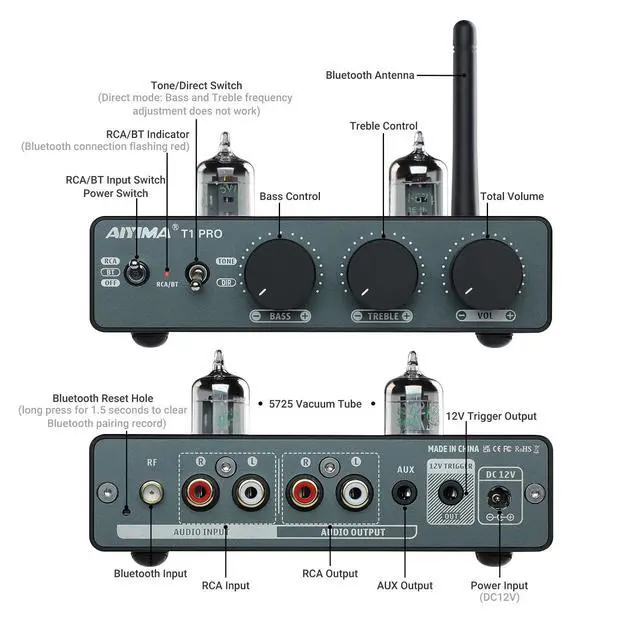 Alt view image 2 of 6 - T1 PRO Vacuum Tube Preamplifier Bluetooth 5.1 with Treble Bass | 12V Trigger/RCA Out | Swappable Op-Amp & Tubes | Home Audio Pre-amp for 2.0/2.1 A07 MAX Stereo Amplifiers & Bookshelf Speaker