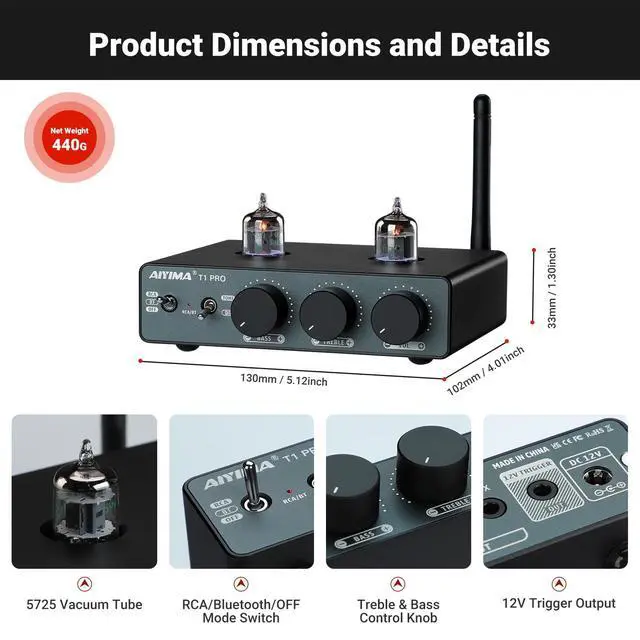 Alt view image 3 of 6 - T1 PRO Vacuum Tube Preamplifier Bluetooth 5.1 with Treble Bass | 12V Trigger/RCA Out | Swappable Op-Amp & Tubes | Home Audio Pre-amp for 2.0/2.1 A07 MAX Stereo Amplifiers & Bookshelf Speaker