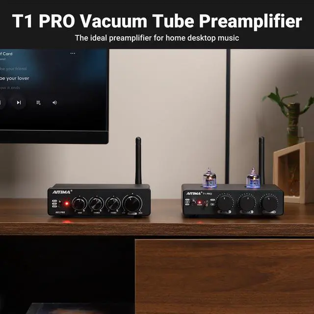 Alt view image 5 of 6 - T1 PRO Vacuum Tube Preamplifier Bluetooth 5.1 with Treble Bass | 12V Trigger/RCA Out | Swappable Op-Amp & Tubes | Home Audio Pre-amp for 2.0/2.1 A07 MAX Stereo Amplifiers & Bookshelf Speaker