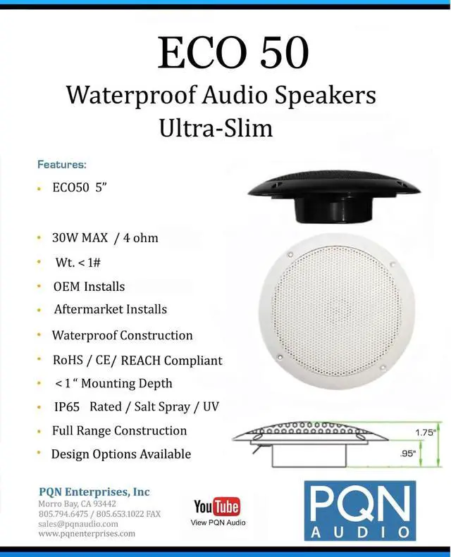 Alt view image 2 of 6 - Eco50-4BK 5 inch Ultra Slim Waterproof Marine Speaker for RV, Camper, Cabinet and Hot tub. Chemical and UV Resistant. Wall and Floor Mount Outdoor Speakers (Black)