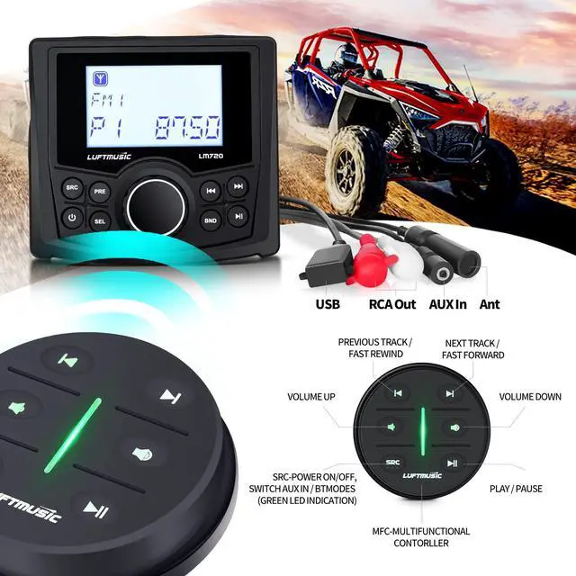 Alt view image 3 of 6 - Marine Bluetooth Radio - Weatherproof Marine Stereo System with Wireless Remote - Built-in 3" Dot Matrix LCD Display, Amplifier, Bluetooth, Digital Media MP3 Player, AM/FM Radio