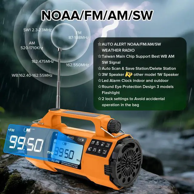 Alt view image 2 of 6 - Auto NOAA Emergency Weather Radio, AM/FM/SW Solar Hand Crank Radio | Larger Flashlight/Speaker, Clock, 5000mAh Battery Operated Radio with SOS Alert for Indoor/Outdoor Camping Emergencies