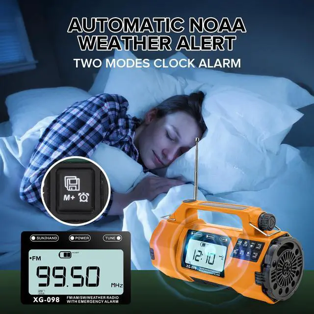 Alt view image 5 of 6 - Auto NOAA Emergency Weather Radio, AM/FM/SW Solar Hand Crank Radio | Larger Flashlight/Speaker, Clock, 5000mAh Battery Operated Radio with SOS Alert for Indoor/Outdoor Camping Emergencies