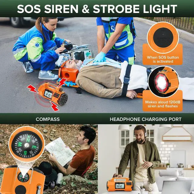Alt view image 6 of 6 - Auto NOAA Emergency Weather Radio, AM/FM/SW Solar Hand Crank Radio | Larger Flashlight/Speaker, Clock, 5000mAh Battery Operated Radio with SOS Alert for Indoor/Outdoor Camping Emergencies