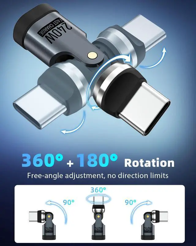 Alt view image 3 of 6 - USB C 90 Degree Adapter 240W, Right Angle 360° & 180° Ratatable, 3 PCS,Gray | 180° & 360° Rotating Design, Reduce Cable Bending & Port Strain, Fast Charging, for Smartphones/Tablets/Laptops