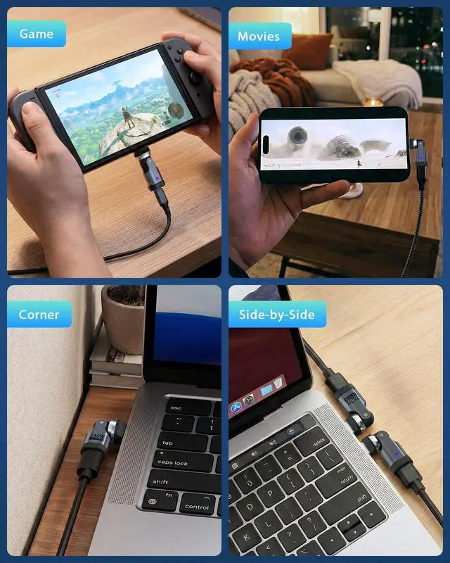 Alt view image 6 of 6 - USB C 90 Degree Adapter 240W, Right Angle 360° & 180° Ratatable, 3 PCS,Gray | 180° & 360° Rotating Design, Reduce Cable Bending & Port Strain, Fast Charging, for Smartphones/Tablets/Laptops