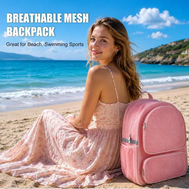 Alt view image 2 of 6 - Mesh Backpack with Laptop Compartment, Ergonomic Reflective Design, Pink | Semi-Transparent College Back Pack for Girls, Boys, Commuting, Swimming, Travel, Beach, Outdoor Sports