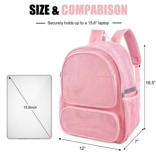 Alt view image 3 of 6 - Mesh Backpack with Laptop Compartment, Ergonomic Reflective Design, Pink | Semi-Transparent College Back Pack for Girls, Boys, Commuting, Swimming, Travel, Beach, Outdoor Sports