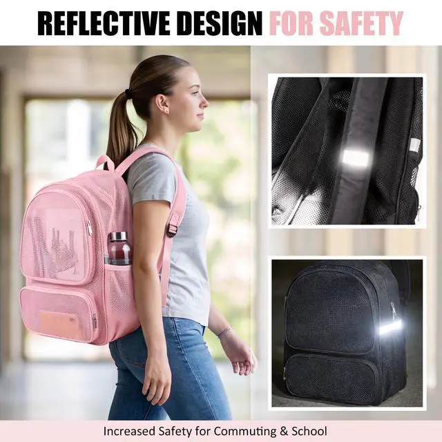 Alt view image 5 of 6 - Mesh Backpack with Laptop Compartment, Ergonomic Reflective Design, Pink | Semi-Transparent College Back Pack for Girls, Boys, Commuting, Swimming, Travel, Beach, Outdoor Sports