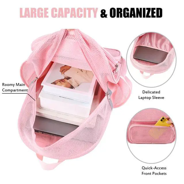 Alt view image 6 of 6 - Mesh Backpack with Laptop Compartment, Ergonomic Reflective Design, Pink | Semi-Transparent College Back Pack for Girls, Boys, Commuting, Swimming, Travel, Beach, Outdoor Sports