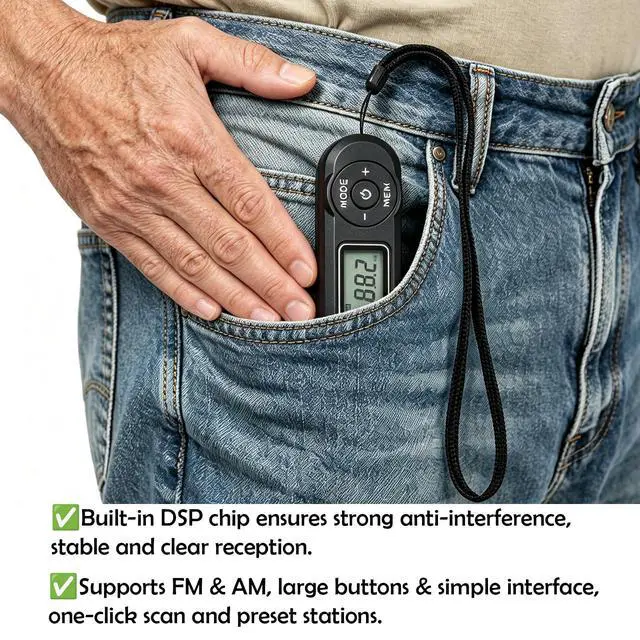 Alt view image 4 of 6 - Mini DSP FM Radio Portable, Pocket Radio LCD Belt Clip for Seniors Outdoor | Lightweight Battery Powered FM Radio with Headphones, 20 Preset Stations & Station Memory for Jogging Hiking Travel