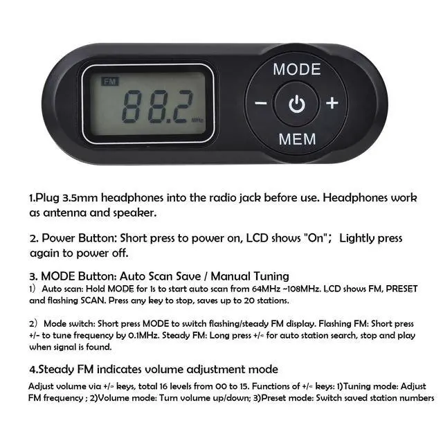 Alt view image 6 of 6 - Mini DSP FM Radio Portable, Pocket Radio LCD Belt Clip for Seniors Outdoor | Lightweight Battery Powered FM Radio with Headphones, 20 Preset Stations & Station Memory for Jogging Hiking Travel