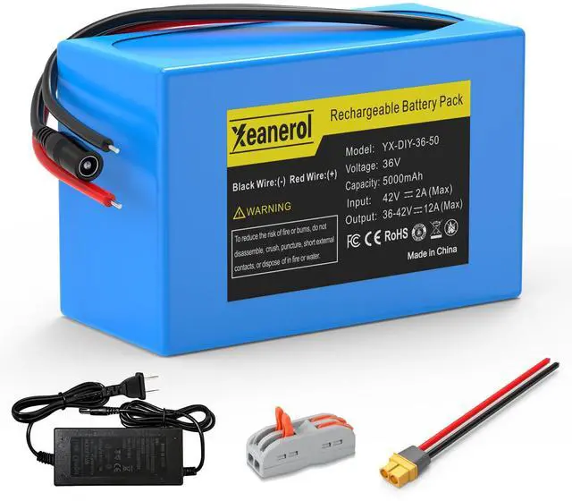 Main image of 36V 5000mAh Lithium Battery with Charger, Rechargeable Battery Pack Compatible with 36 Volt Devices RC Car, LED Light Strip, DIY, CCTV Camera, Robot, Boat
