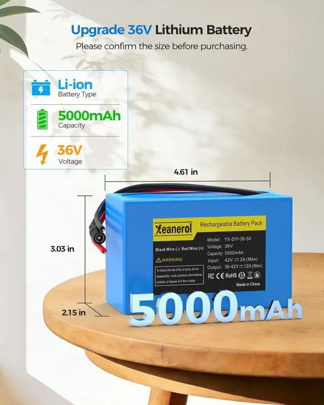 Alt view image 2 of 6 - 36V 5000mAh Lithium Battery with Charger, Rechargeable Battery Pack Compatible with 36 Volt Devices RC Car, LED Light Strip, DIY, CCTV Camera, Robot, Boat